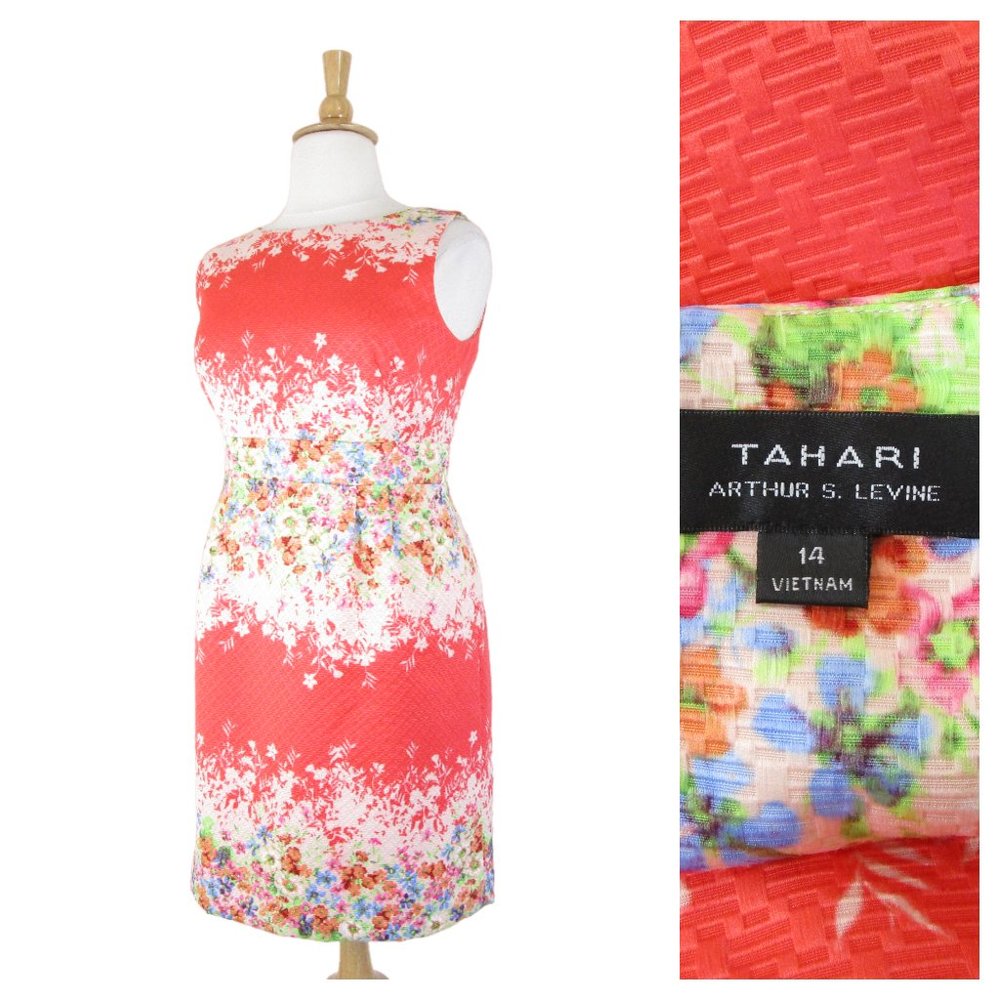 Tahari Plus Size Coral Pink Floral Sleeveless Sheath Dress Size 14 Formal Career